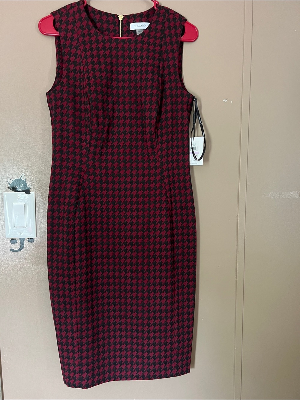 Calvin Klein Red and Black Houndstooth Midi Sheath Dress